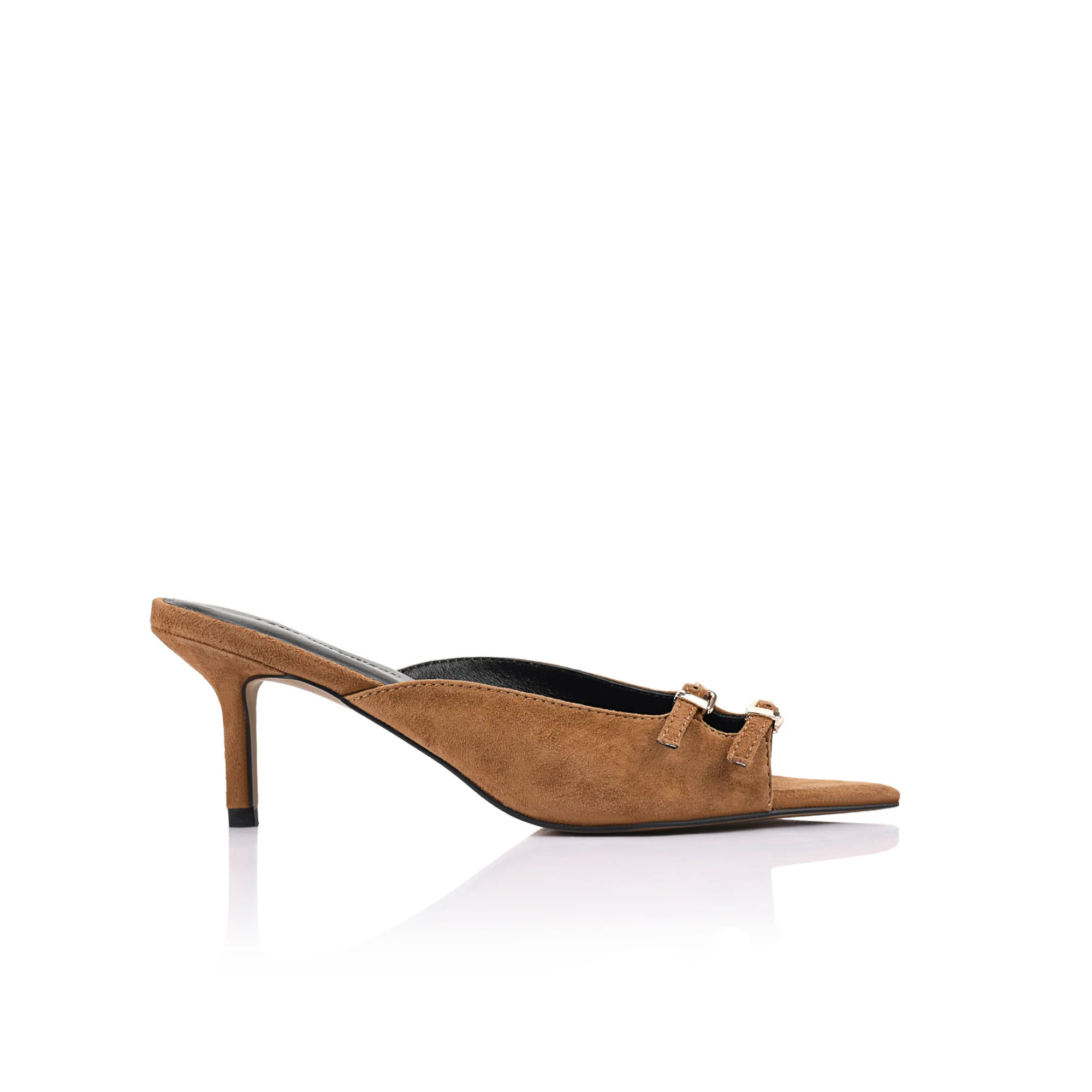 Shannon Kitten Heel Mule Sandal Brown Suede Leather | Lana Wilkinson