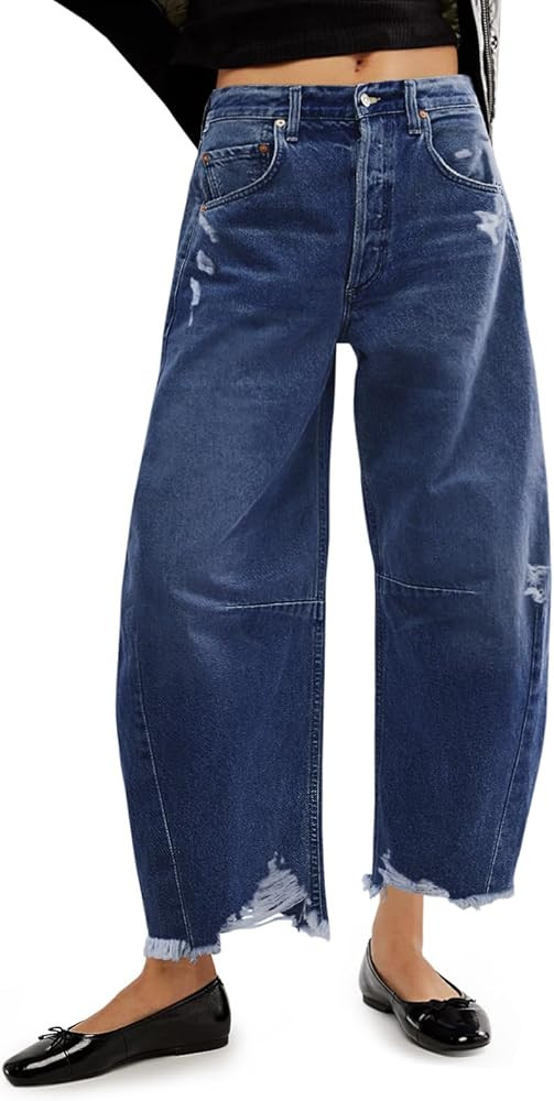 Cicy Bell Women's Baggy Wide Leg Jeans Barrel Horseshoe Boyfriend Cropped Raw Hem Denim Pants | Amazon (US)