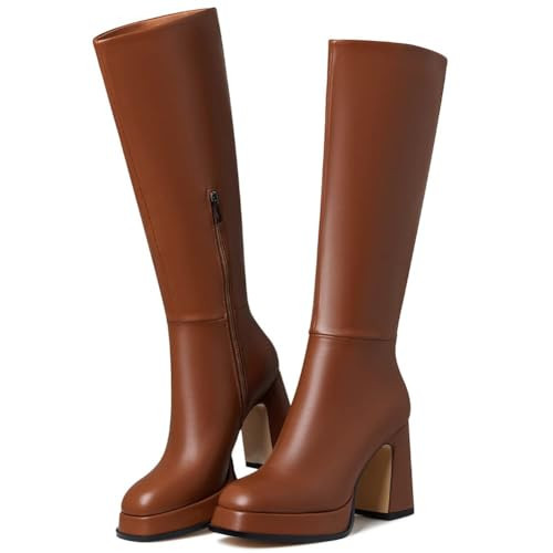 EQAUDES Platform Boots for Women Gogo Boots Knee High Boots for Women Mid Calf Chunky Round Toe Goth Punk Boots Brown Boots Size 6 | Amazon (US)