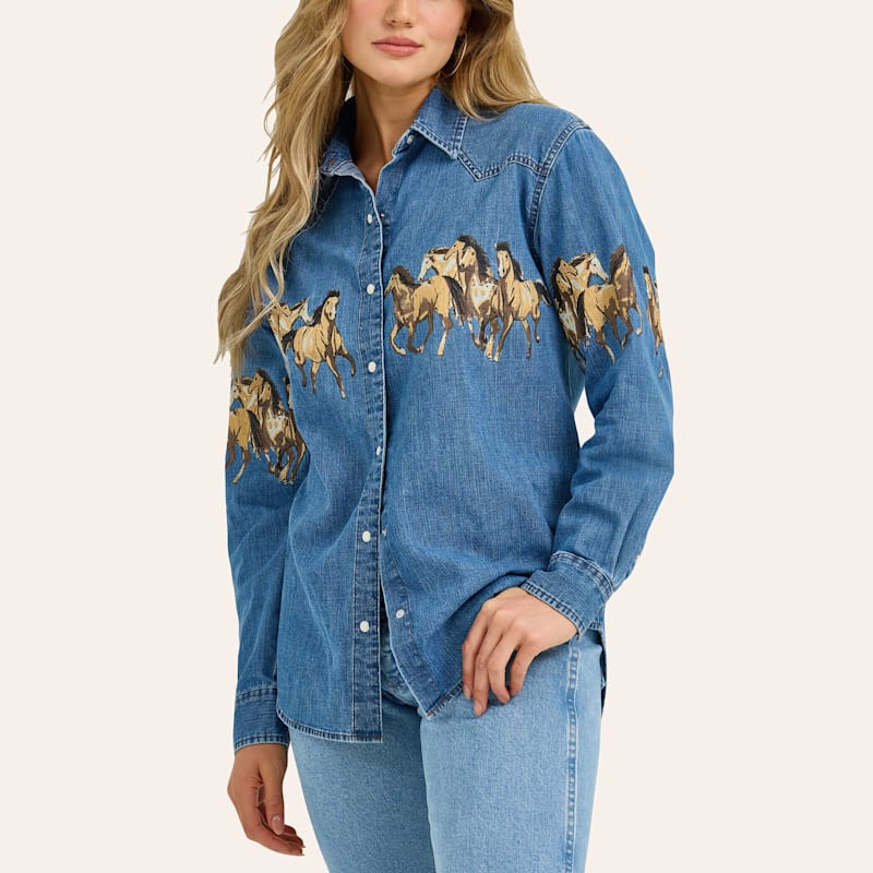 Wrangler Women's Blue Horse Print Denim Shirt | Cavender's