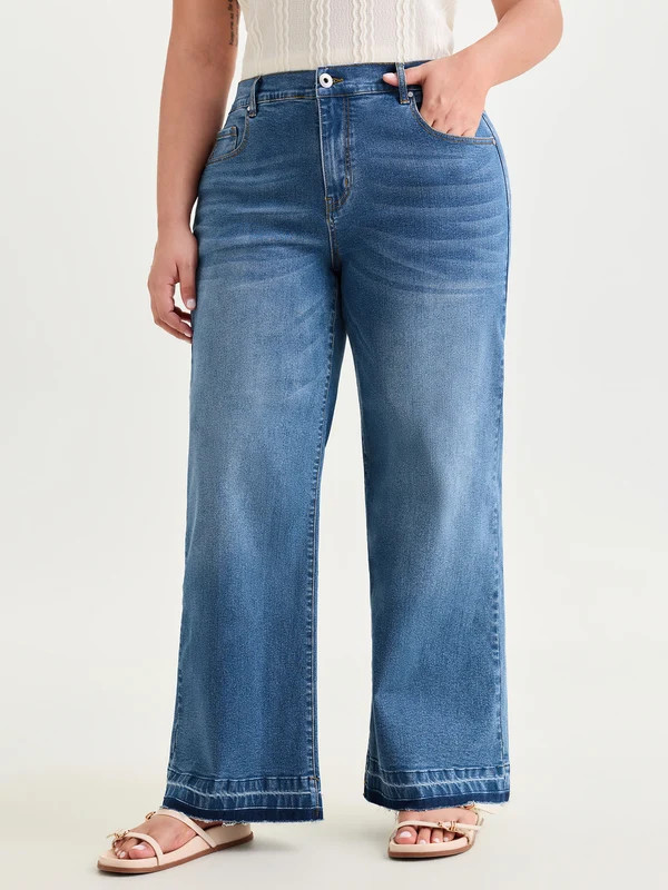 Stretchy Back Elastic Waist Wide Leg Jeans | Bloomchic
