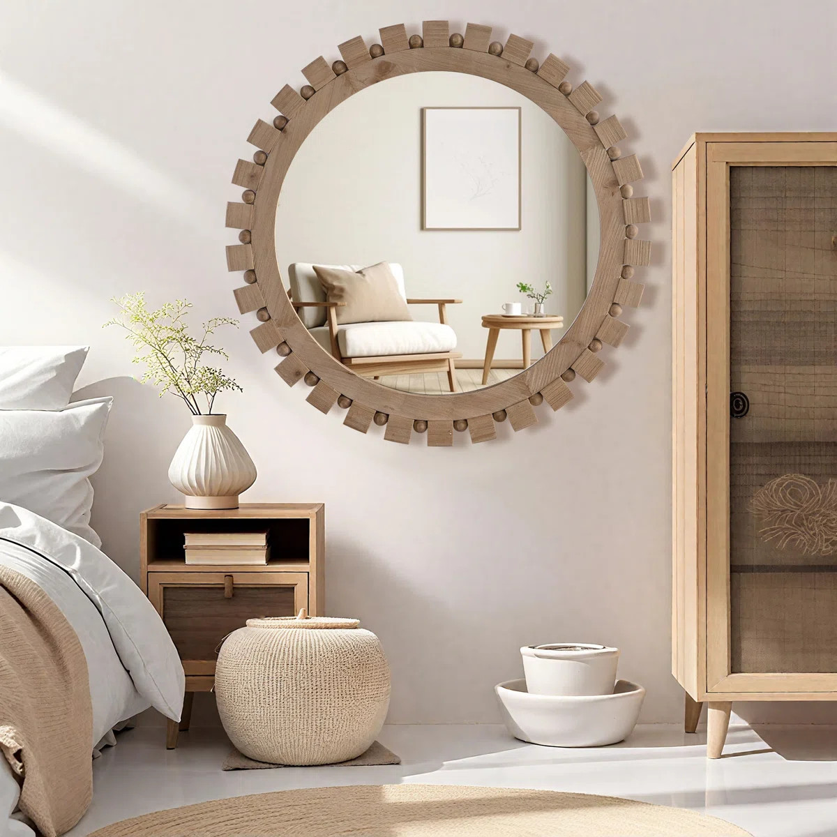 36"×36" Bohemian Style Natural Solid Wood Frame Gear Shape Round Wall Mounted Mirror For Living ... | Wayfair North America