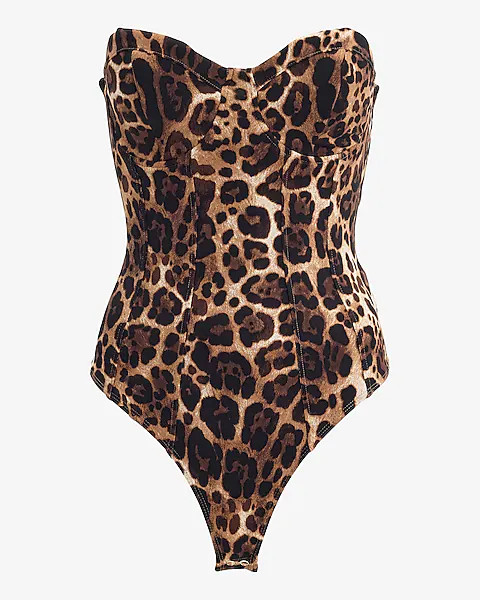 Body Contour High Compression Leopard Strapless Corset Bodysuit | Express