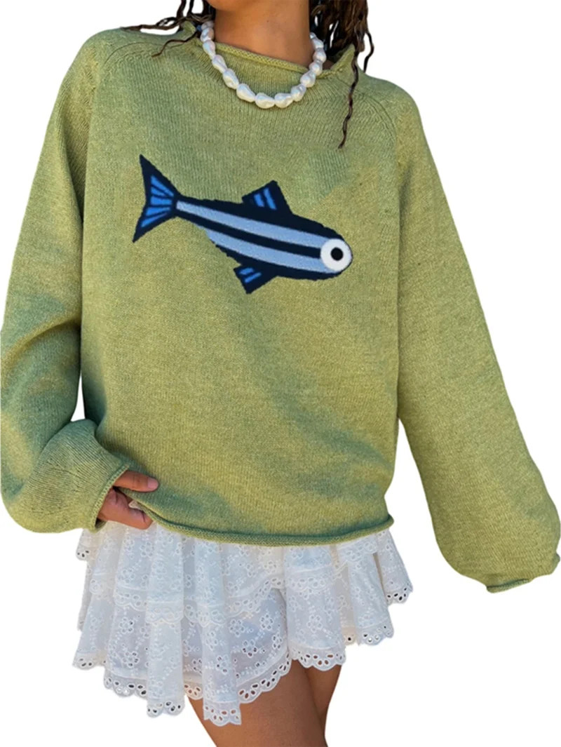 Women Crew Neck Rib Knit Fish Graphic Oversized Y2k Pullover Sweater Jumper Light Green M | Walmart (US)