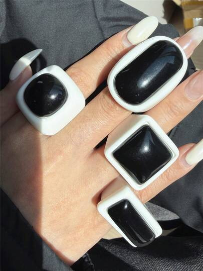 4pcs/Set Vintage Geometric Square Resin Rings, Retro Ring Set, Gift For Friends, Autumn/Winter | SHEIN