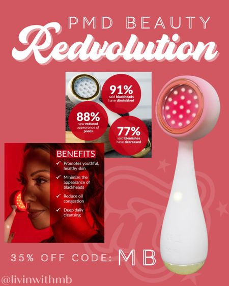 Use code: MB to save 35% on your purchase!!

From the PMD Beauty site:
Combining the cleansing power of PMD Clean with the rejuvenating treatment of red light therapy, Clean Redvolution delivers a promise of transformation. On one side, the SonicGlow™ Technology delivers a gentle yet deep cleansing experience, ensuring a clean and fresh face. Flip the device, and you are greeted by 19 powerful medical grade red LED lights, engineered to visibly smooth, lift, and firm the skin.

Skin concerns:
-Fine Lines & Wrinkles
-Lack of Firmness
-Dull, Sagging Skin
-Englarged Pores
-Redness and Irritation
-Uneven Tone and Texture
-Dullness

#pmdpartner

#LTKsalealert #LTKbeauty #LTKover40