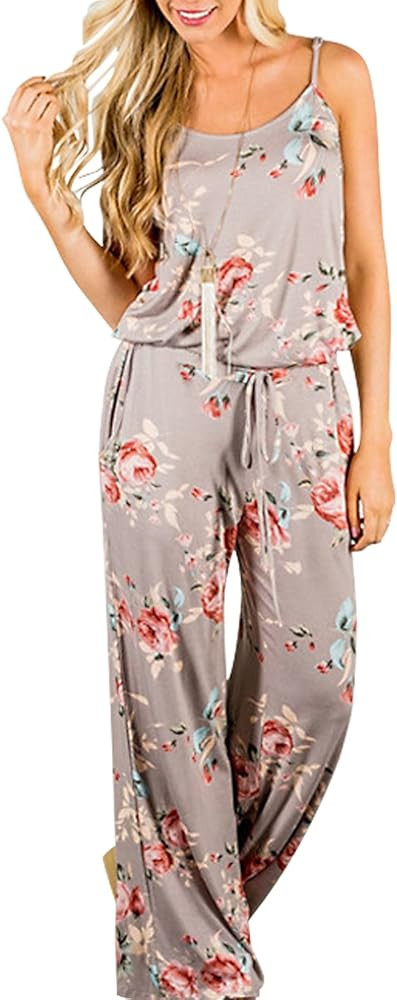 Women's Floral Printed Jumpsuits Solid Rompers Casual Comfy Striped Jumpsuit with Pockets | Amazon (US)