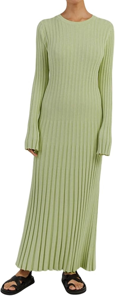 Women Bell Long Sleeve Knit Maxi Dress Crewneck Ribbed Bodycon Long Dress Slim Fit Y2K Sweater Dr... | Amazon (US)