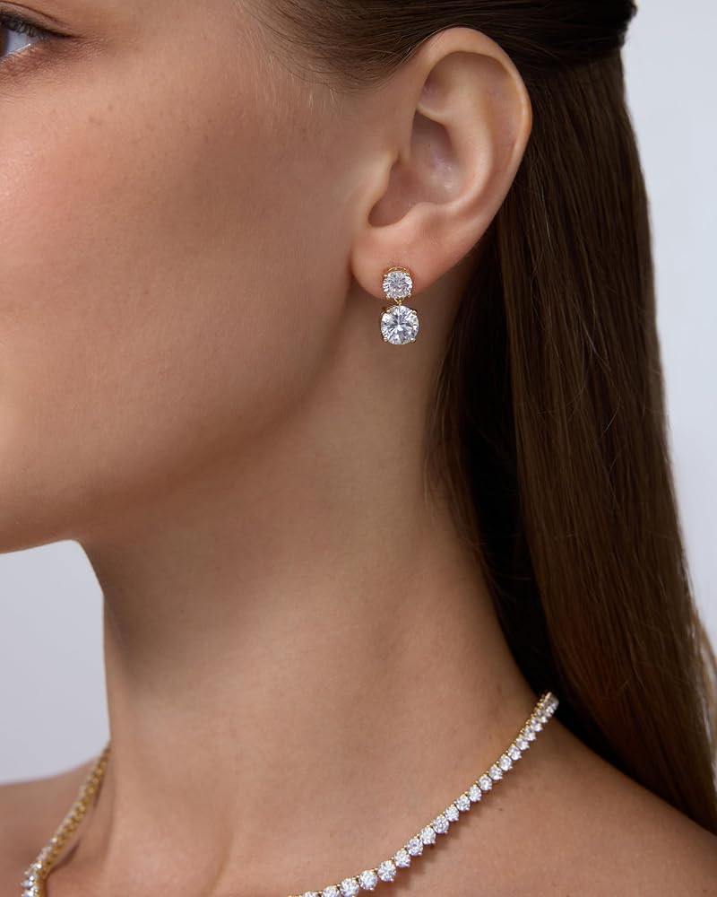 PAVOI 14K Gold Plated Cubic Zirconia Dangle Earrings for Women - Crystal Long Linear Bridal Drop ... | Amazon (US)
