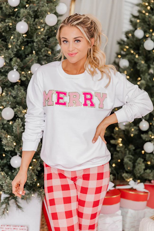 Merry Pink Chenille Patch Graphic Sweatshirt | Pink Lily