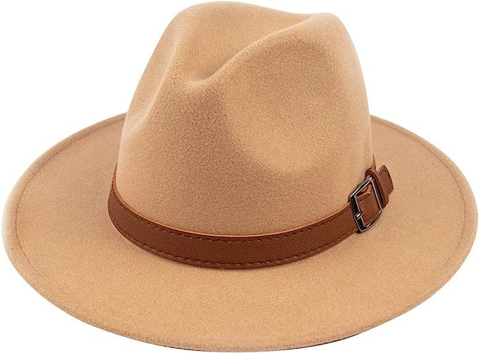 Lanzom Womens Classic Wide Brim Floppy Panama Hat Belt Buckle Wool Fedora Hat | Amazon (US)