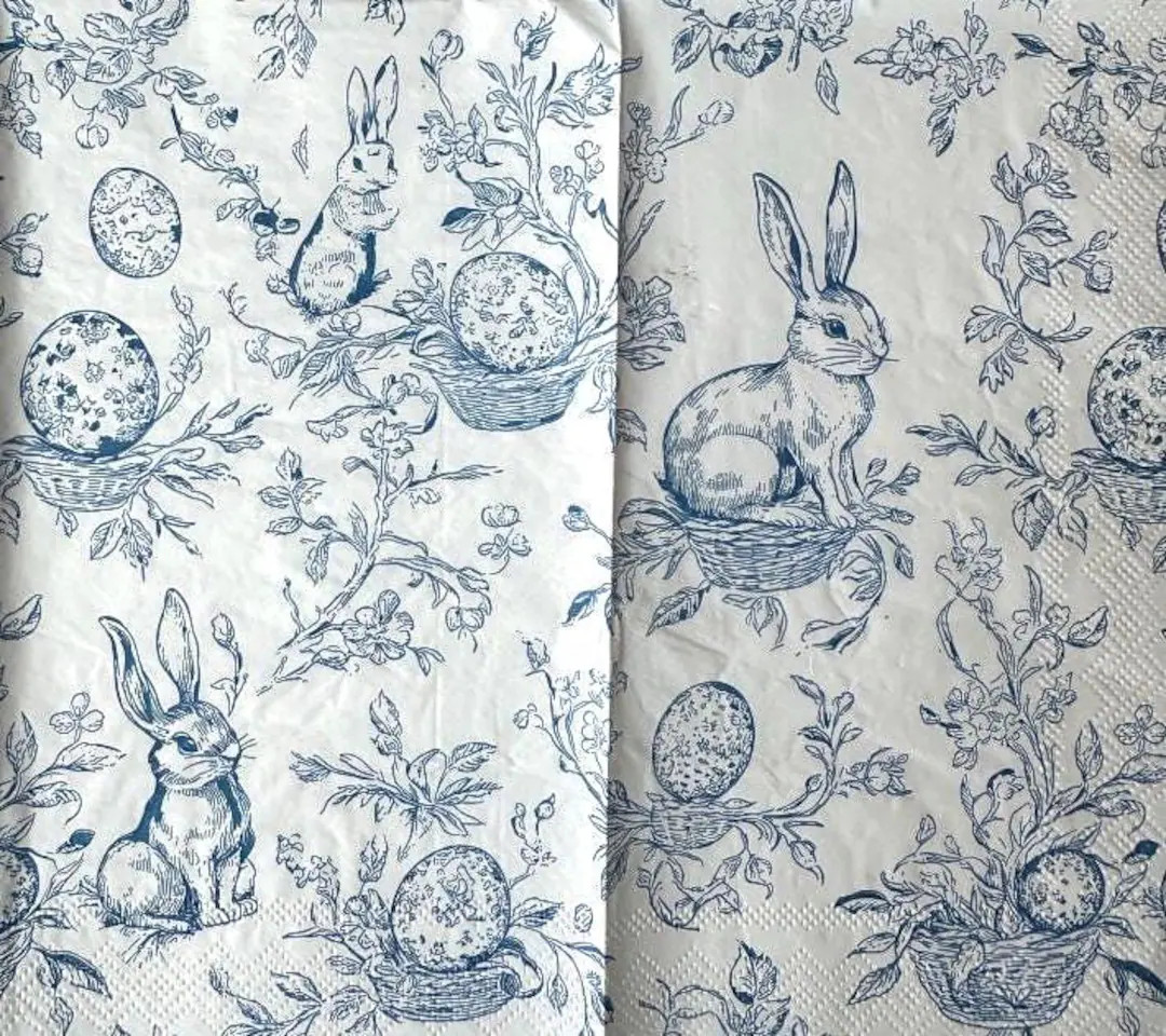4 Decoupage Dinner Paper Napkins Bunny in a Basket Blue Rabbits and Toile Floral Eggs Sitting on ... | Etsy (US)