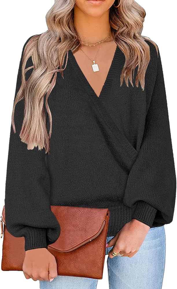 LookbookStore Women's Knit Long Sleeve Faux Wrap Surplice V Neck Sweater Top | Amazon (US)