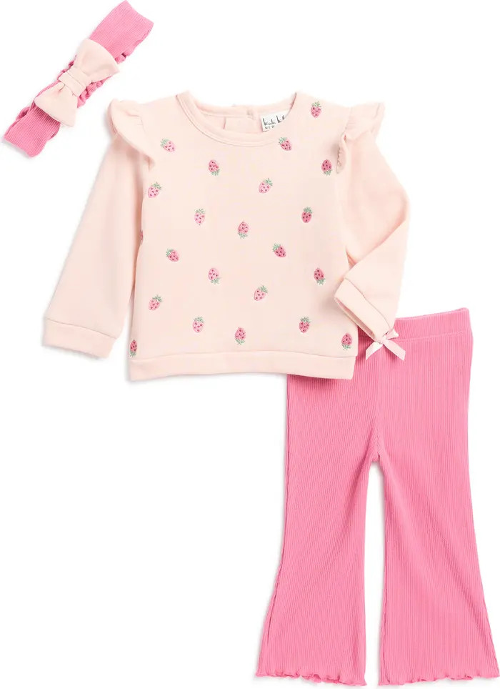 Strawberry Fleece Top, Rib Flare Pant & Headband Set | Nordstrom Rack