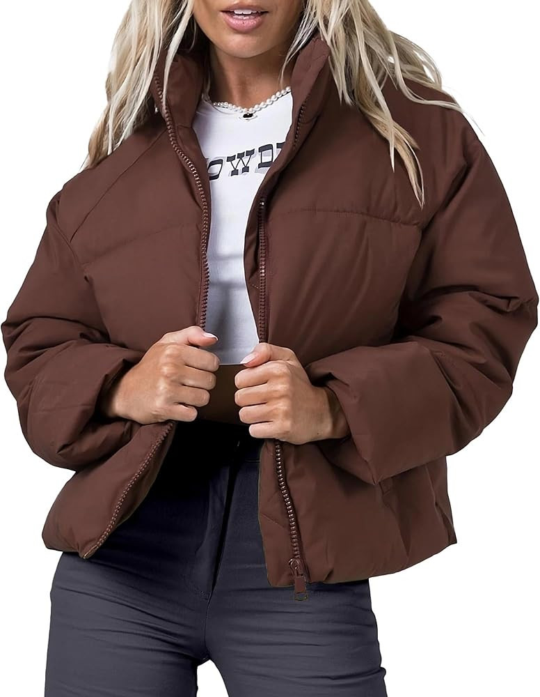 NORTH FARER Womens Winter Puffer Jacket Cropped Long Sleeve Zip Up Baggy Short Down Coats with Po... | Amazon (US)