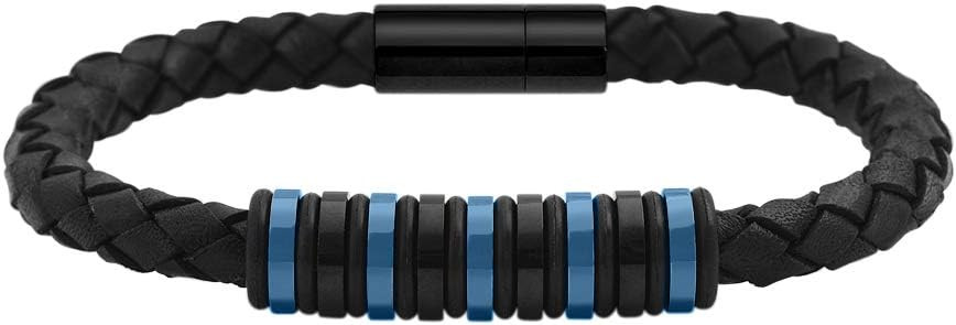 Geoffrey Beene Men's Genuine Braided Leather Bracelet with Stainless Steel Rubber Ornaments | Amazon (US)