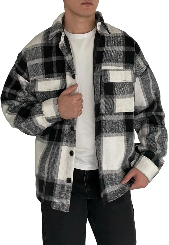 COWOKA Men's Casual Warm Plaid Wool Blend Jacket Fleece Relaxed Fit Button Up Long Sleeve Shacket... | Amazon (US)
