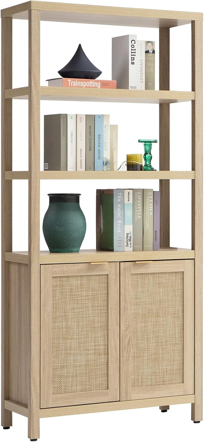 SICOTAS Bookshelf 5 Tier Book Shelf Rattan Boho Tall Bookcase with Doors Storage Wood Shelves Lar... | Amazon (US)
