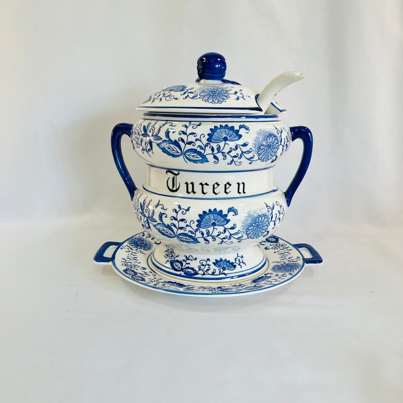 Vintage Blue Onion Tureen Complete With Ladle and Platter, Great Condition, Beautifully Detailed ... | Etsy (US)