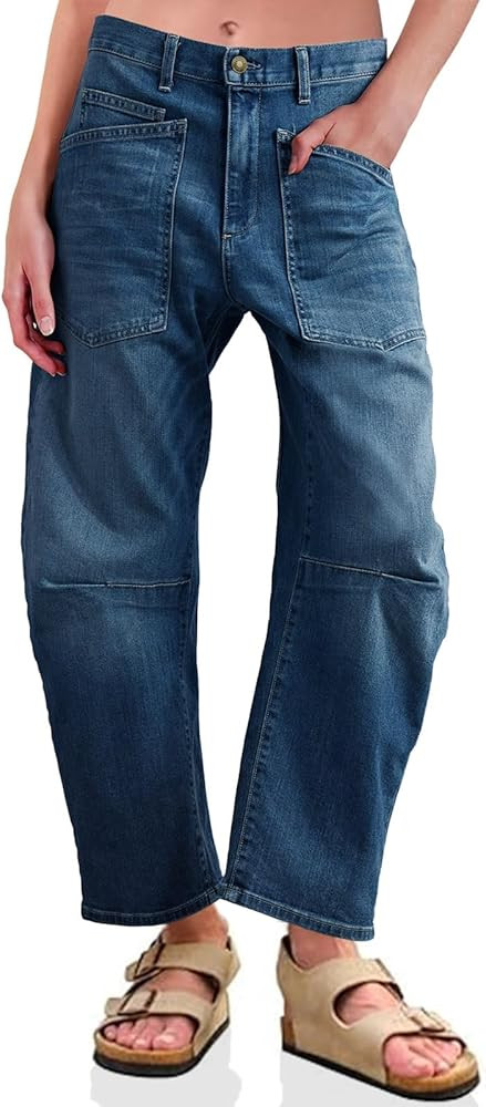 PLNOTME Womens Baggy Barrel Horseshoe Jeans High Waisted Wide Leg Vintage Denim Pants with Front ... | Amazon (US)