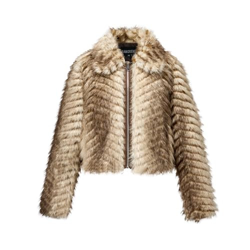 GRAN ORIENTE Women Faux Fur Leopard Print Cropped Jacket,Fleece Fluffy Leather Lined Zip Up Coat GK084A-Khaki-M | Amazon (US)