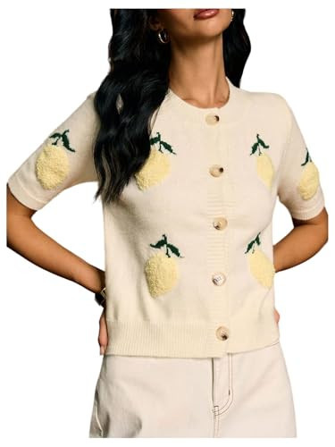 SHENHE Women's Lemon Cardigan Button Down Crewneck Lightweight Short Sleeve Sweater Beige X-Small | Amazon (US)