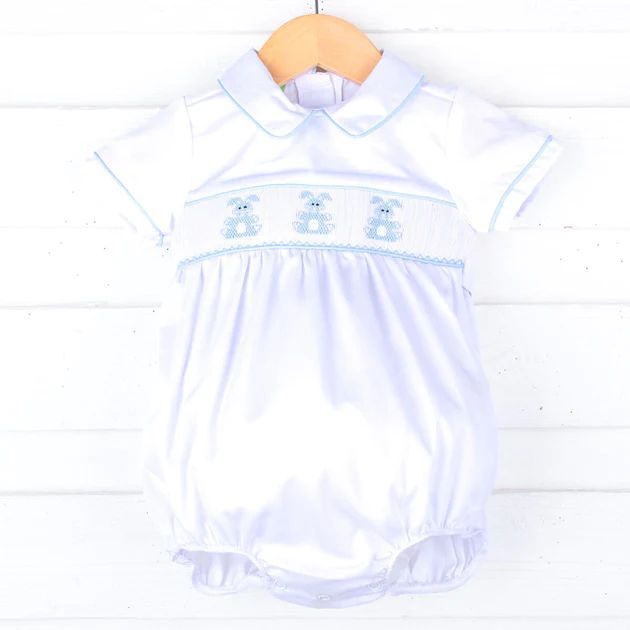Adorable Bunny White Smocked Collared Boy Bubble | Classic Whimsy