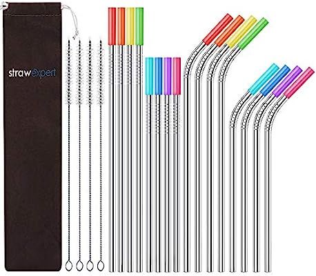 StrawExpert Set of 16 Reusable Stainless Steel Straws with Travel Case Cleaning Brush Silicone Ti... | Amazon (US)