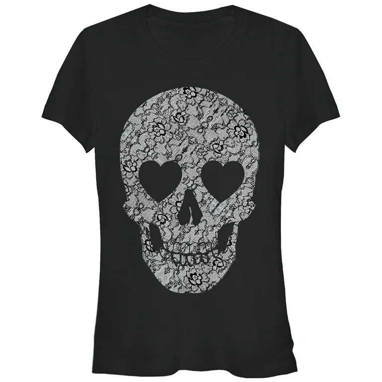 Junior's Lost Gods Halloween Lace Print Heart Skull  Graphic Tee Black Small | Walmart (US)