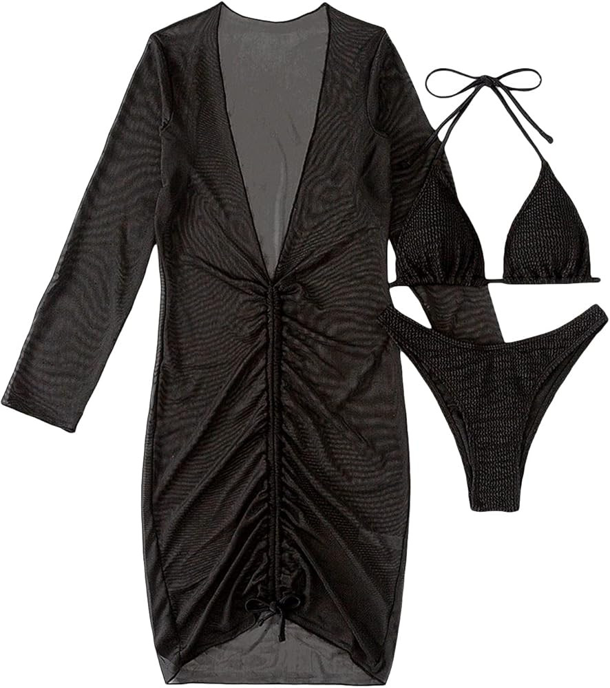 SOLY HUX Women's Printed Triangle Halter Bikini Bathing Suit with Cover Up 3 Piece Swimsuits | Amazon (US)