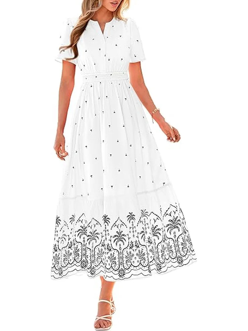 BTFBM Summer Dresses for Women Casual V Neck Short Sleeve Flowy Wedding Guest Beach Vacation Flor... | Walmart (US)