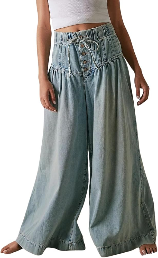 CHARTOU Women's Baggy Wide Leg Denim Pants Drawstring Midi Waisted Flare Jeans Ruffle Pleated But... | Amazon (US)