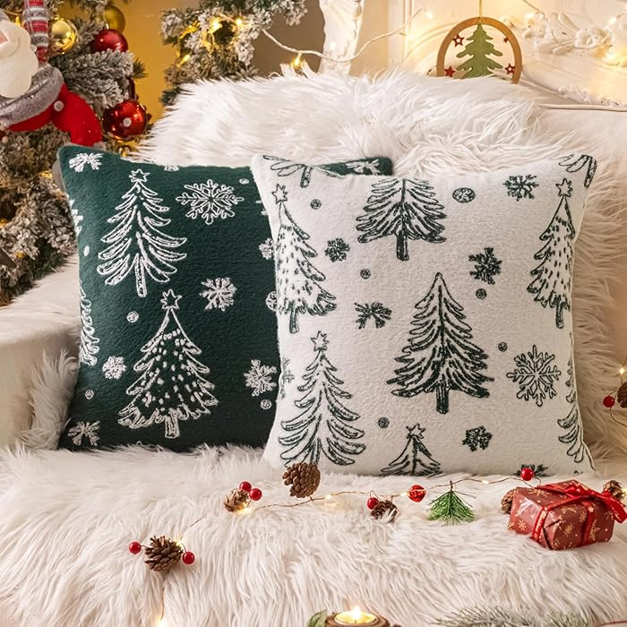 AQOTHES Christmas Tree Green White Throw Pillow Covers 18x18 inch Set of 2 Faux Fur Throw Pillows... | Amazon (US)