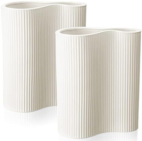 Amazon.com: 2 Pieces 10" Tall Stripe White Vase for Flowers Frosted Ceramic Vase Decorative Ribbe... | Amazon (US)