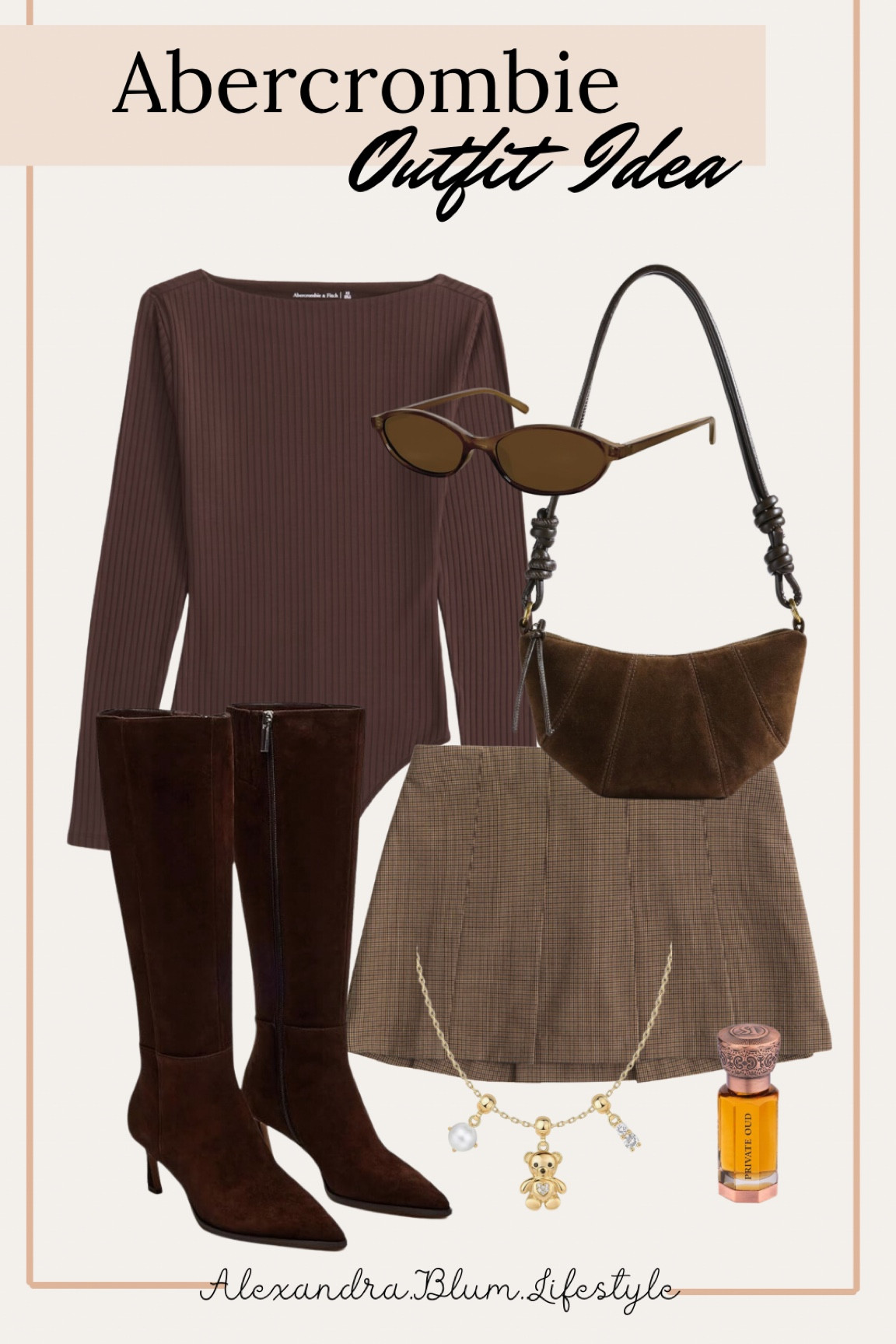 Abercrombie outfit idea! Winter outfit! Winter date night outfit! Church outfit! Thanksgiving outfit! Ribbed chocolate brown bodysuit with a brown pleated skirt, brown crescent handbag, dark brown suede knee high boots, gold teddy bear necklace, and Amazon perfume! Pleated skirt outfit! 

#LTKShoeCrush #LTKFindsUnder100 #LTKItBag