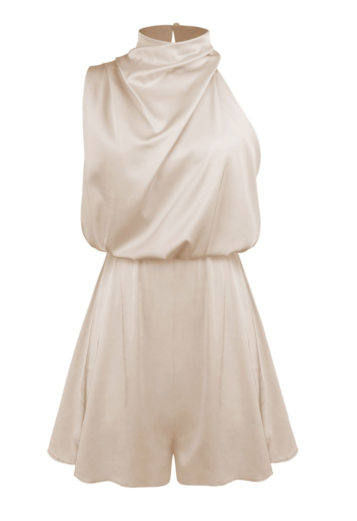 Satin Asymmetric Ruched Neckline Sleeveless Playsuit in Apricot | Chicwish