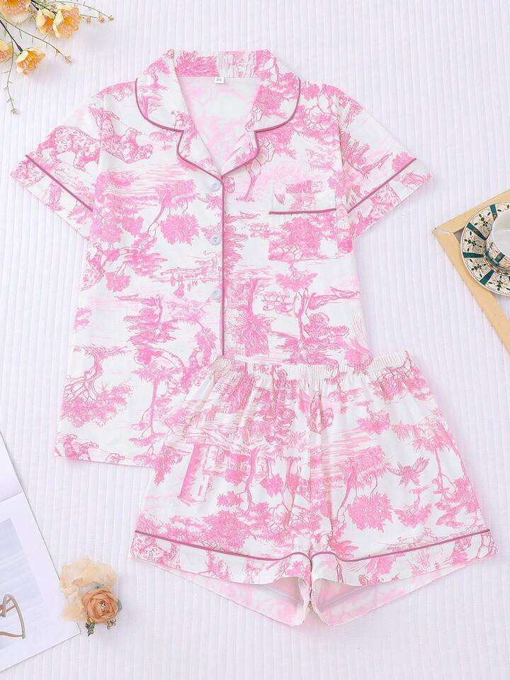 2pcs Painting Print Women Pajama Set, Short Sleeve Shirt Lapel Button Blouse & Elastic Waist Shor... | SHEIN