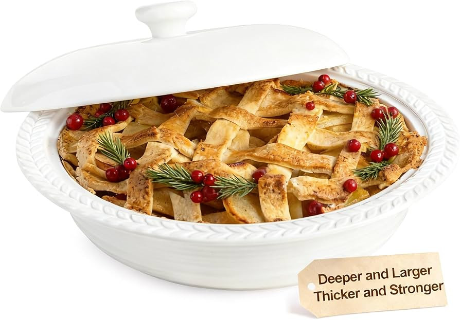Deep Dish Pie Pan with Lid, 11 inch Ceramic Pie Dish, Round Baking Dish for Apple, Quiche, Pot Pi... | Amazon (US)