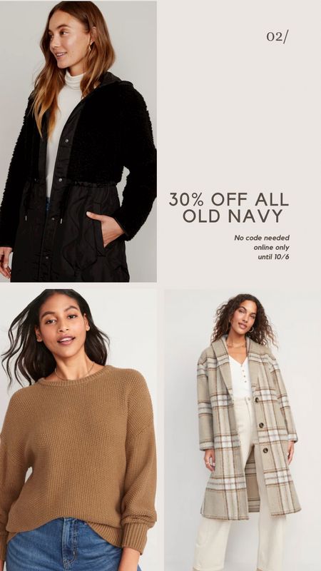 30% off new and sale items online only at Old Navy through 10/6, sale, site wide, shacket, puffer jacket, plaid coat, wide leg jeans, sweater

#LTKSeasonal #LTKsalealert #LTKstyletip
