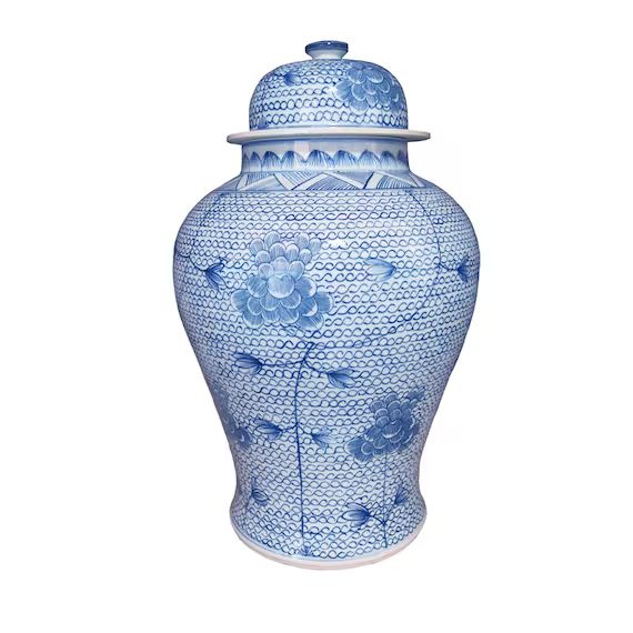 Blue and White Handmade Porcelain Ginger Jar - Chain Link Lotus Blossom | Etsy (US)