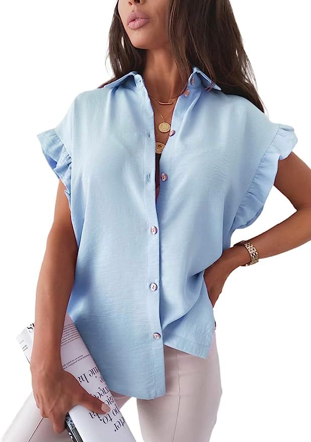 FARYSAYS Women's Casual Button Down Ruffle Short Sleeve V Neck Shirts Loose Blouses Tops | Amazon (US)