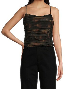 Violet Blur Mesh Ruched Straight Neck Spaghetti Strap Crop Tank | Dillard's