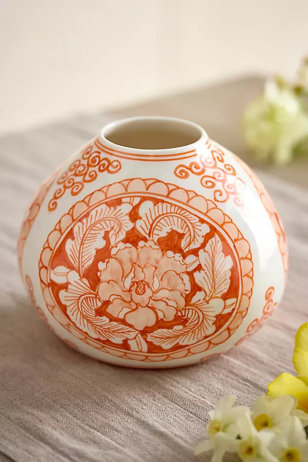 Orange Floral Chinoiserie Low Vase | Anthropologie (US)