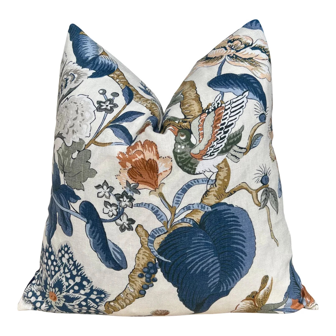 Hill Garden Linen Pillow in Brick and Navy. Designer High End Pillows, Accent Blue Floral Pillows... | Etsy (US)