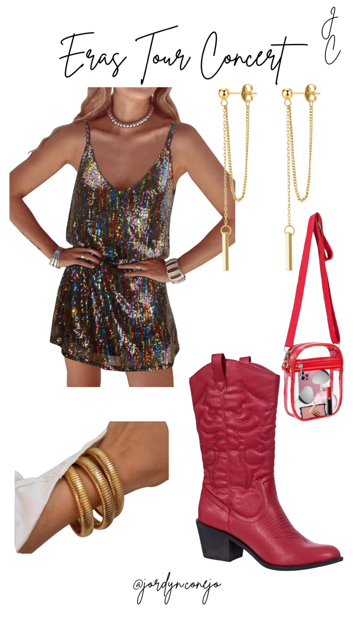 Eras Tour Outfit- Taylor Swift Concert Outfit- Red Boots- Sequin Dress- Nashville Outfit- Going Out- Womens Style- Cowboy Boots- Stadium Purse- Gold Jewelry 

#LTKStyleTip #LTKShoeCrush #LTKMidsize