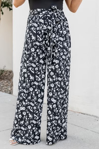 Unwinding In Paradise Black Floral Tie Waist Pants | Pink Lily