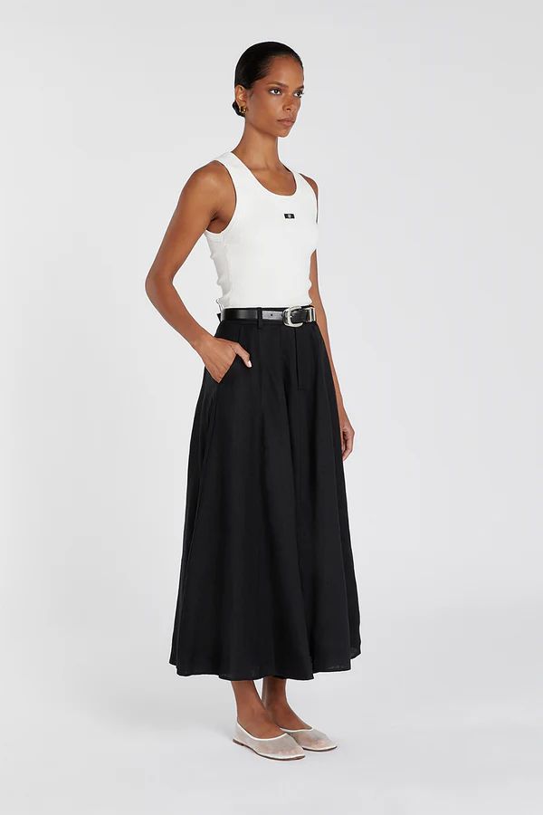 SOFIA BLACK LINEN MIDI SKIRT | DISSH