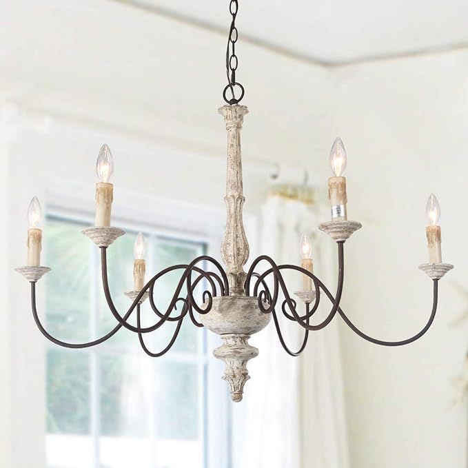 LALUZ Farmhouse Chandelier, French Country Chandelier for Dining Room, White Distressed Wood, 37... | Amazon (US)