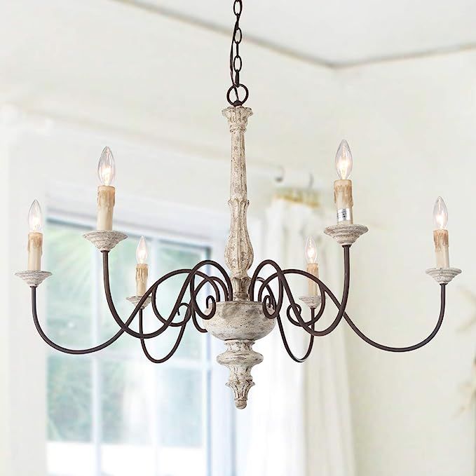 LALUZ Farmhouse Chandelier, French Country Chandelier for Dining Room, White Distressed Wood, 37... | Amazon (US)
