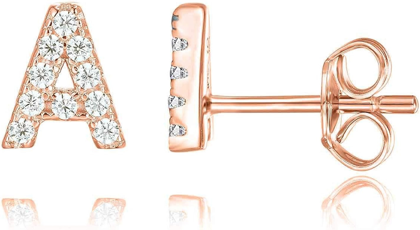 PAVOI 925 Sterling Silver, 14K Gold Plated, CZ Simulated Diamond Stud Earrings Fashion Alphabet L... | Amazon (US)